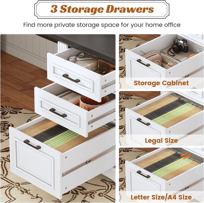 Office Desk with 3 Drawers, 55" Executive Computer Desk with Storage Drawers, Farmhouse Desk with Power Outlet for Home Office, White