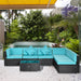 7-Piece Patio Furniture Sets Outdoor Wicker Conversation Sets All Weather PE Rattan Sectional Sofa Set with Cushions & Tempered Glass Desktop, Turquoise