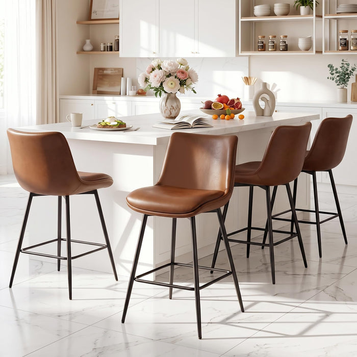 Counter Height Bar Stools Set of 2, FSC Certified Upholstered Faux Leather Barstools with Back, Metal Base, 27" Seat Height, Modern Upholstered Counter Stools for Kitchen Island,(Walnut Brown