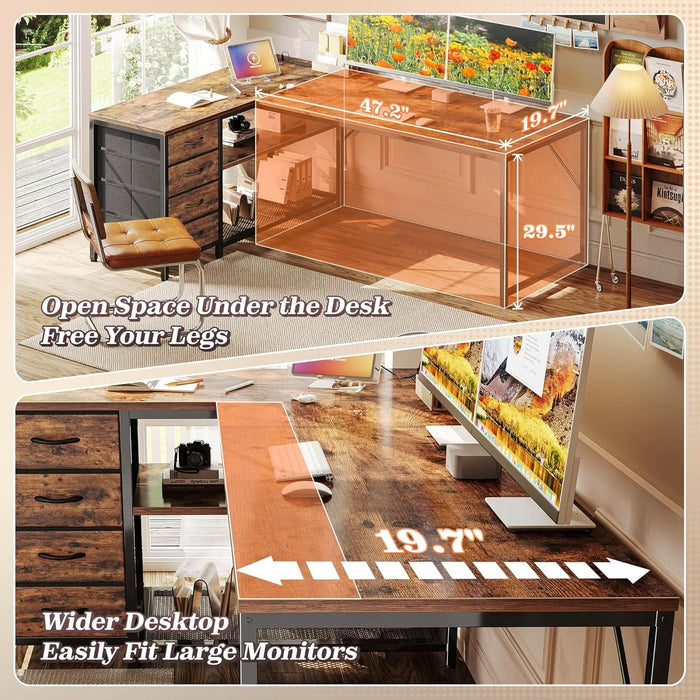 61" L Shaped Desk with Power Outlets and USB-C Port, Reversible Computer Corner Office Desk with 4 Fabric Drawers and 2 Height-Adjustable Shelves, Large for Gaming Writing Study, Rustic Brown