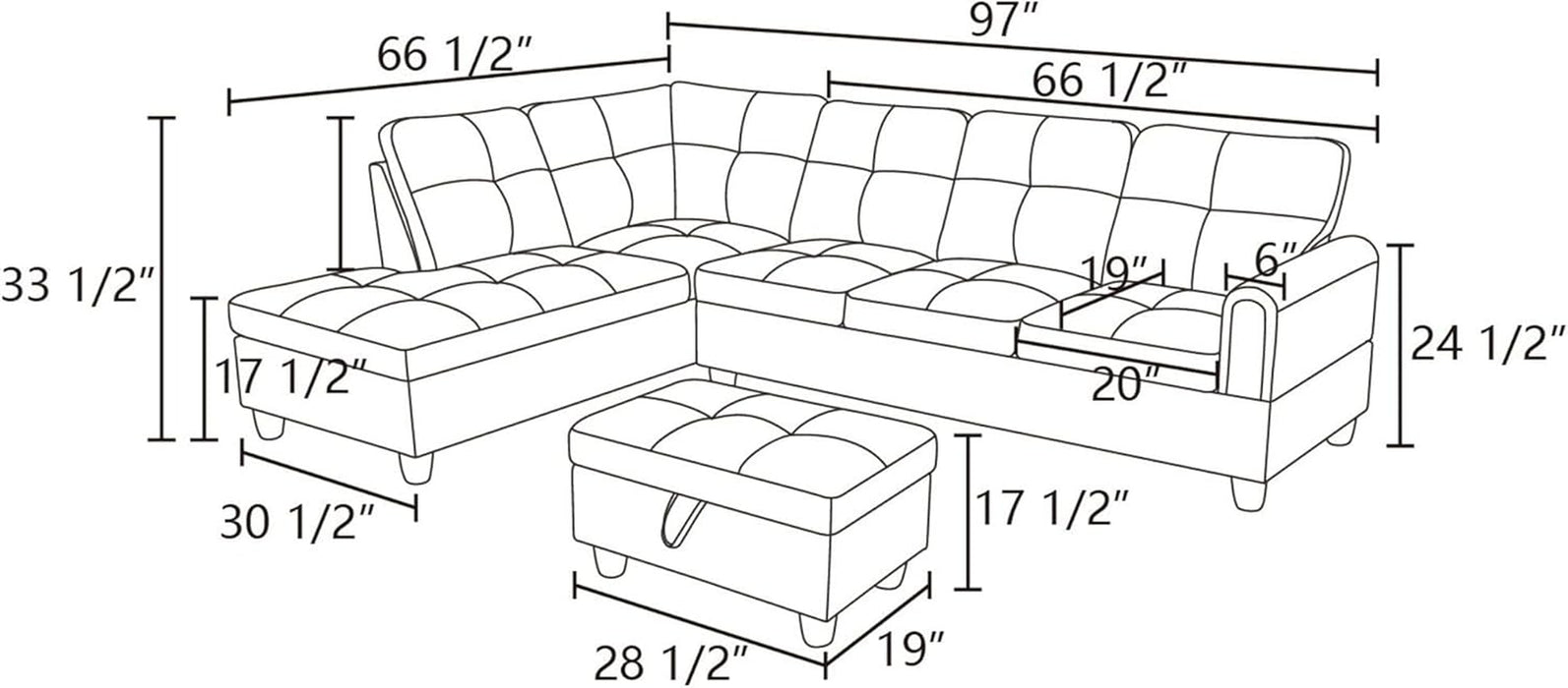 3-Piece Flannel Sectional Sofa Set with Left Facing Chaise and Storage Ottoman, Pillow, L-Shaped Couch for Living Room, Office, Apartment, Grey