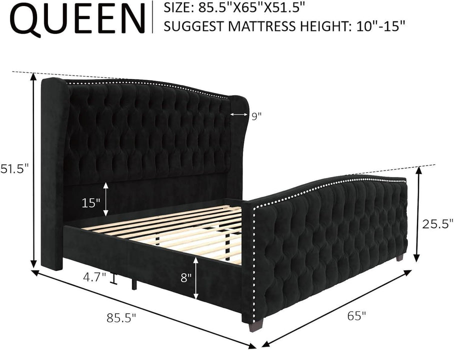 Queen Size Platform Bed Frame, Velvet Upholstered Bed with Deep Button Tufted & Nailhead Trim Wingback Headboard/No Box Spring Needed/Black