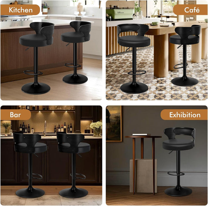 Bar Stools Set of 2, Adjustable Swivel Bar Chairs with Faux Leather Upholstery, Counter Height and Wooden Backrest for Kitchen Islands, Black