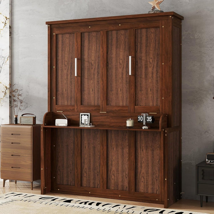 Queen Size Murphy Bed W/Desk,Horizontal Hidden Wall Bed W/Gas Struts,Space-Saving Murphy Bed Cabinet for Home Office,Apartment,Guest Room,Walnut