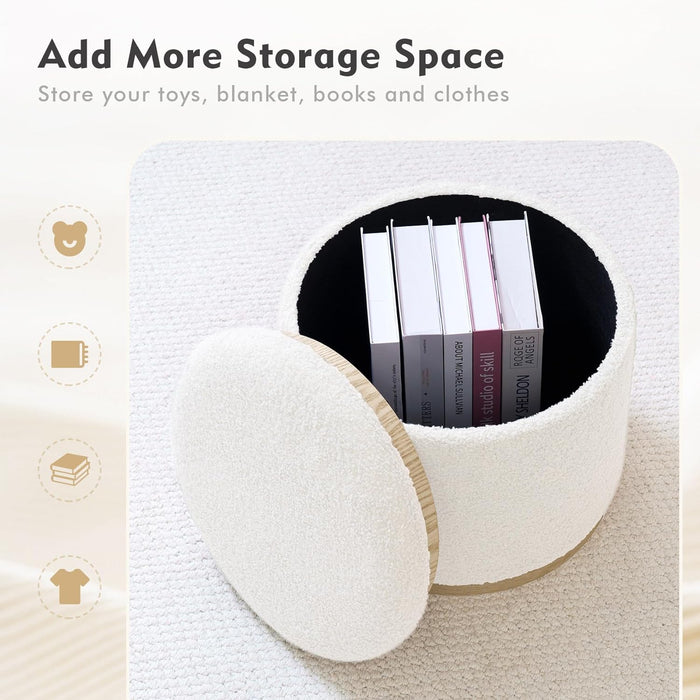 round Ottoman with Storage Set of 2, Vanity Stool with Tray Storage for Bedroom, Small Teddy Velvet Foot Rest Stool Ottoman for Living Room, Dorm (White)