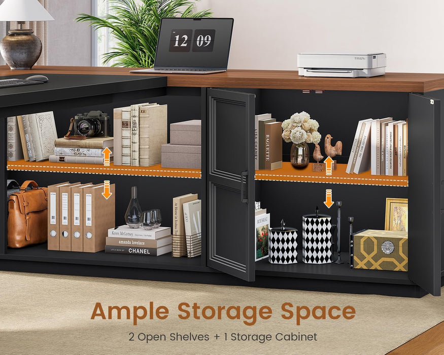 78.7" L Shaped Executive Desk with Charging Station, Large Home Office Computer Desk with File Drawers & Adjustable Storage Cabinet, CPU Stand, Modern L Desk for Business, Black + Brown