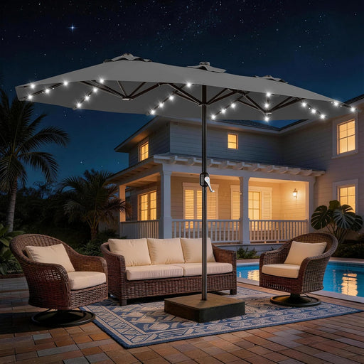 13 FT Patio Umbrella with Solar Lights, Double-Sided Outdoor Table Umbrellas with Crank, Large Rectangular Market Umbrella for Porch, Lawn, Pool, Backyard, Gray