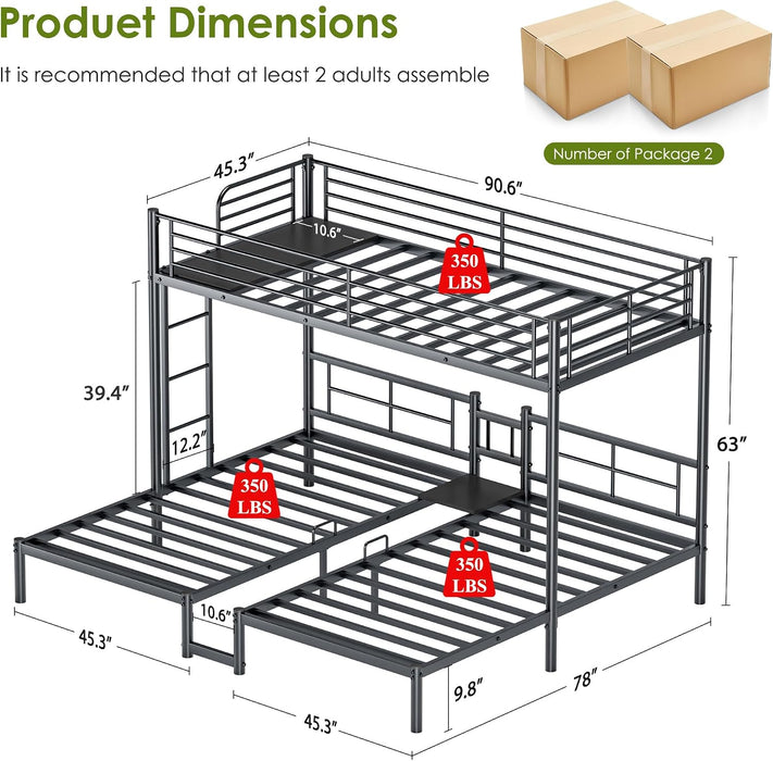 AllSteelFrame Triple Bunk Bed TwinXL Guardrails Durable