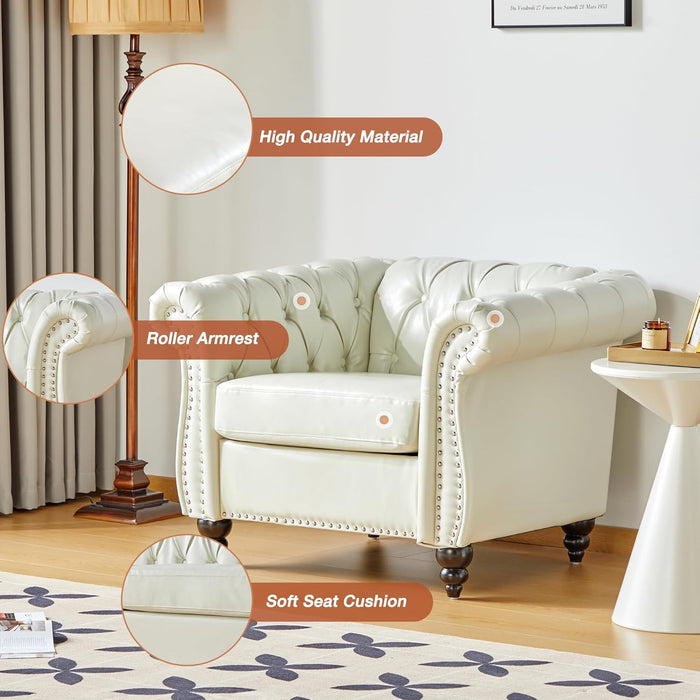 2 Piece Living Room Set, Chesterfield Faux Leather Sofa Couch Chair with Scroll Arms and Nailhead for Living Room, Office (White)