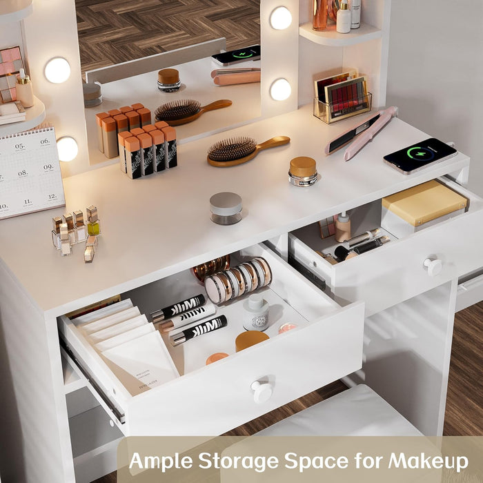 Makeup Vanity Desk with Mirror, 10 LED Lights and Charging Station, White Vanity with Adjustable Lighting, Dressing Table Set with Storage Chair Drawers Shelves for Bedroom