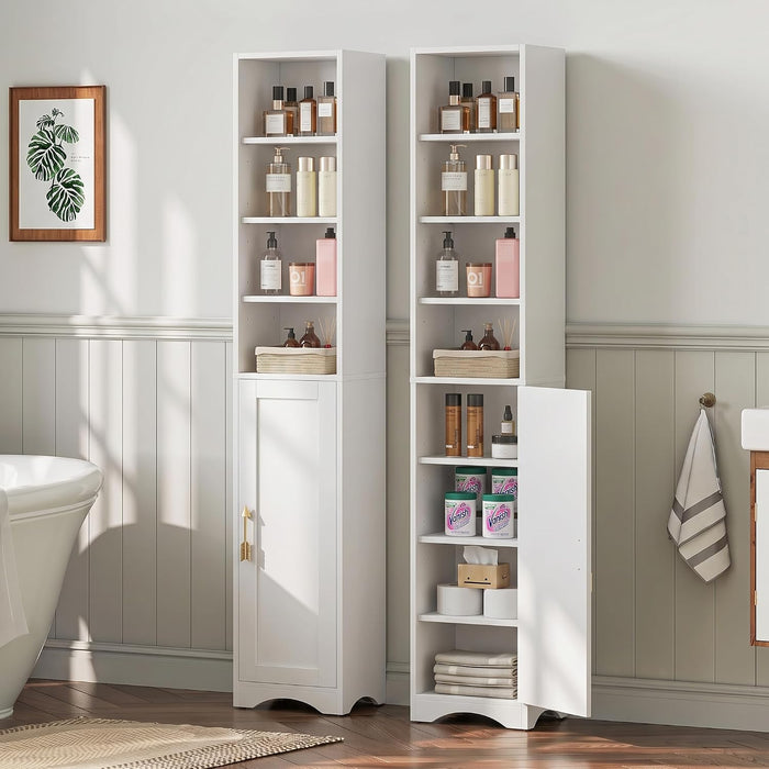 71" Tall Narrow Bookshelf with Door, 8-Tier Adjustable Shelves Bookcase, Freestanding Storage Cabinet with Raised Base for Living Room Bathroom Office, White