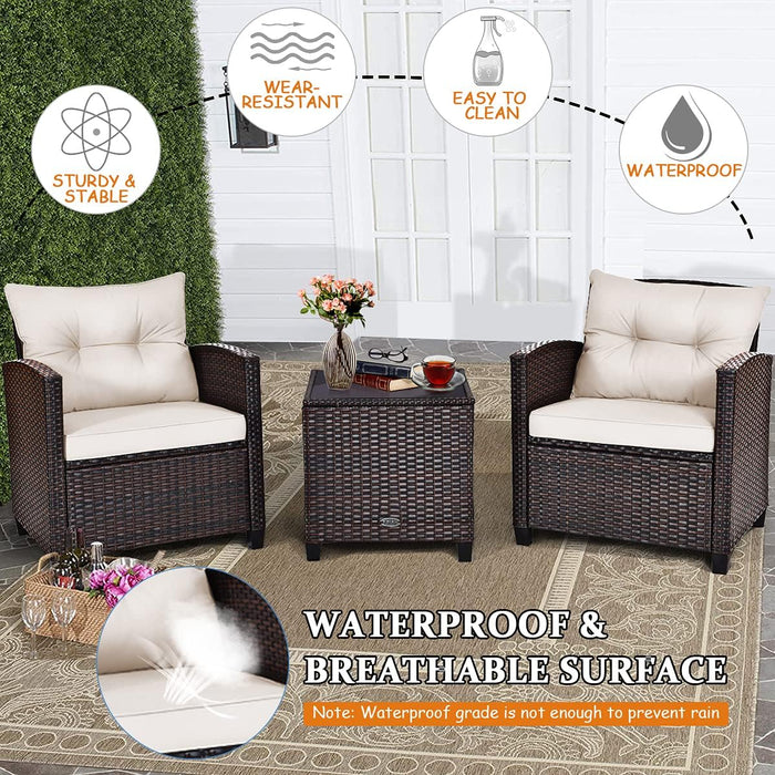 3 Pieces Patio Furniture Set, PE Rattan Wicker 3 Pcs Outdoor Sofa Set W/Washable Cushion and Tempered Glass Tabletop, Conversation Furniture for Garden Poolside Balcony (White)