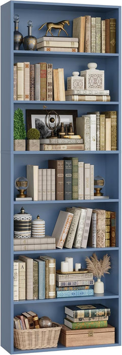 82" Tall Bookshelf Bookcase, 7-Tier Open Display Shelves, Blue
