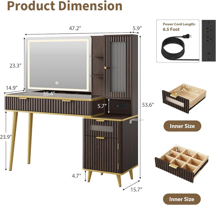 Fluted Makeup Vanity Desk with Mirror and Lighits, 48" Modern Glass Top Vanity Table with Charging Station, Vanity Mirror with Adjustable Brightness, Dressing Table for Bedroom, Dark Walnut