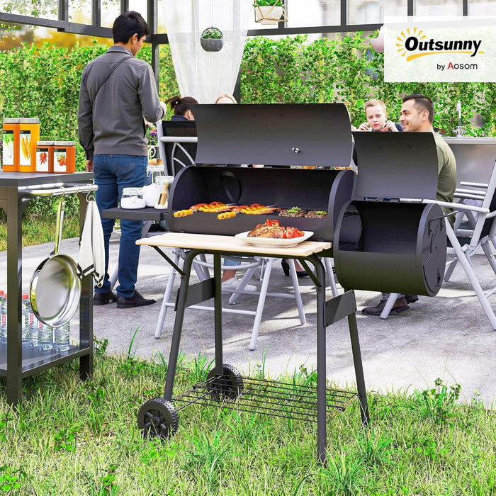 Charcoal Grill with Offset Smoker, 231 Sq.In. Cooking Area, Barrel BBQ Grill and Smoker Combo with Side Tables, Shelf, Thermometer, Wheels for Outdoor Patio Backyard Party Event Gathering