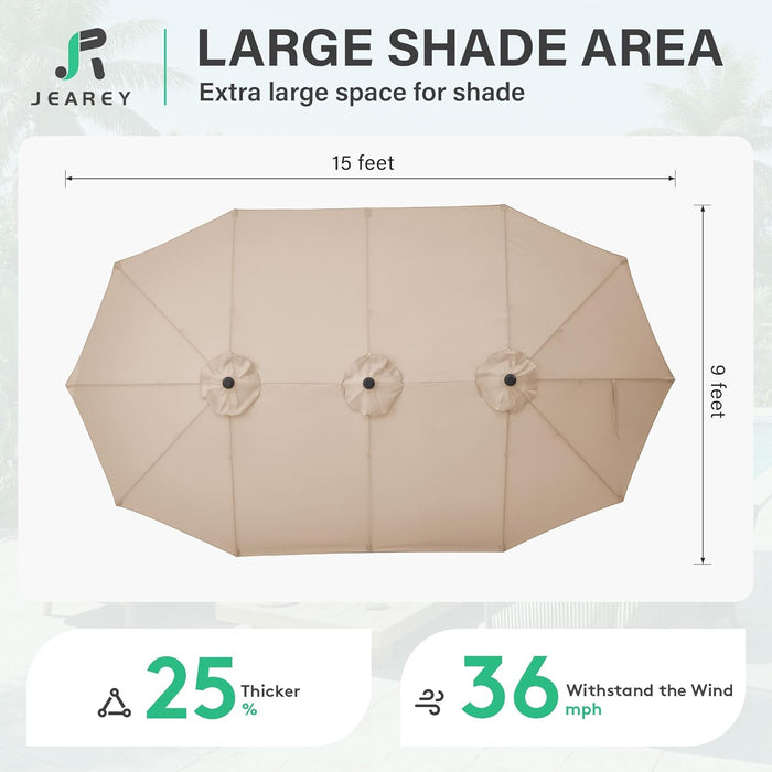 15Ft Large Patio Umbrella with Base, Outdoor Rectangle Umbrella Double-Sided Market Umbrella with Stand for Pool, Deck, Backyard and Garden, Beige