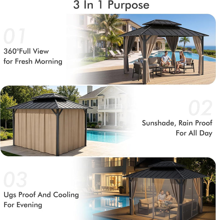 10X12Ft Hardtop Outdoor Gazebo Curtain Netting SandBeige