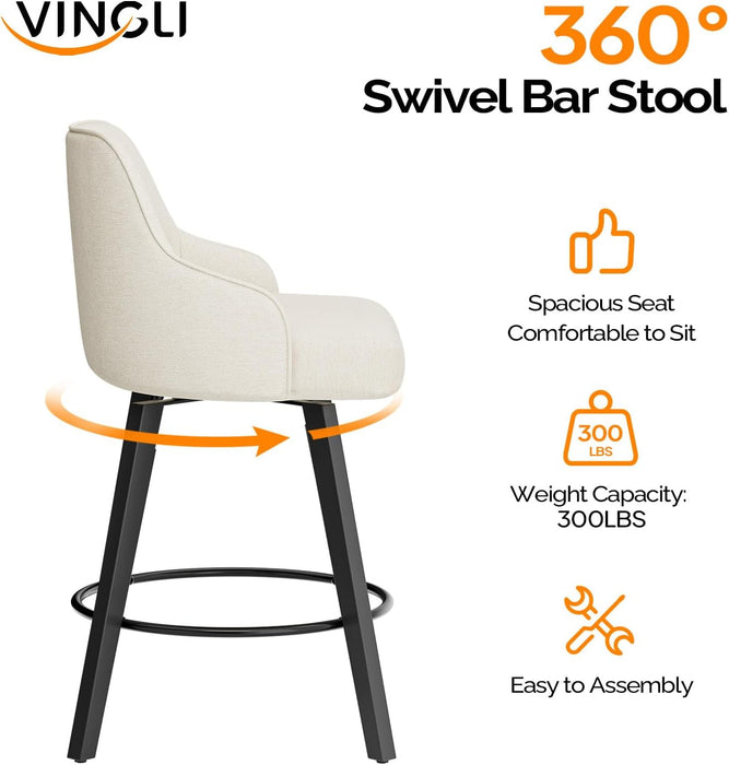 26" H Swivel Barstools Counter Height Bar Stool Set of 2, Beige | Linen Fabric Upholstered, Modern Counter Stool with Back, Kitchen High Chairs, Solid Wood Legs, Easy to Install