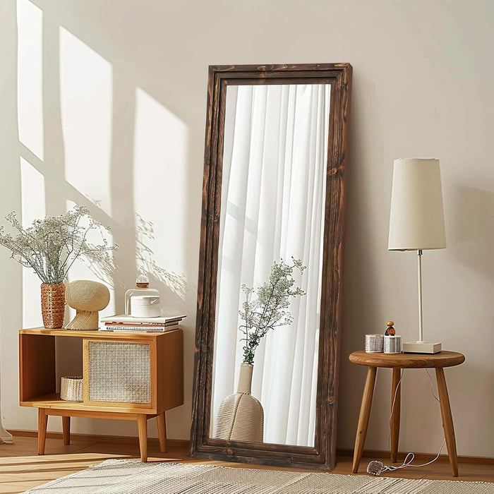 58X22In Full Length Mirror, 3-Tier Stepped Solid Wood Frame, Brown