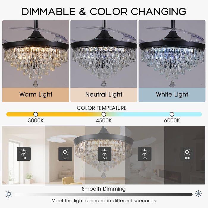 48" Chandelier Ceiling Fan with Lights, Crystal Retractable Fandelier with 3 Color LED Dimmable, Reversible DC Motor, Modern for Bedroom, Living Room (Black