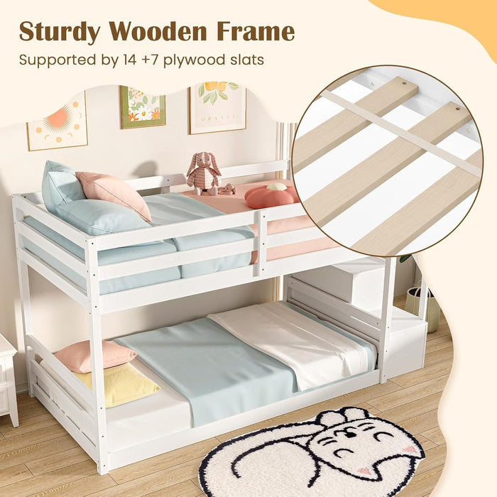Twin over Twin Bunk Bed with Stairs, Solid Wood Floor Bunk Bed with Storage Staircase & Full-Length Guardrails, Low Bunk Bed with for Kids, Teens, Adults, Dorm, Small Space, White