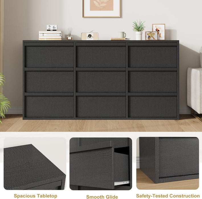9 Dresser for Bedroom, 58.7" Wide Dresser, Freestanding Horizontal Drawer with Storage, Wooden Closet Chest Storage for Living Room, Hallway, Entryway