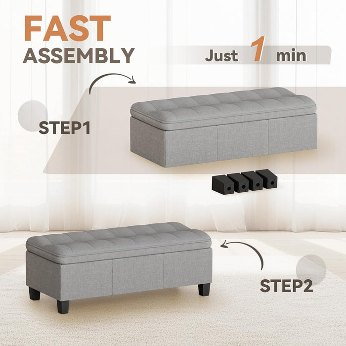 47 Inches Ottoman with Storage, Storage Bench with Legs, Ottomans for Living Room, Entryway, Adjustable & Movable, Easy Assembly, Linen Fabric Light Gray