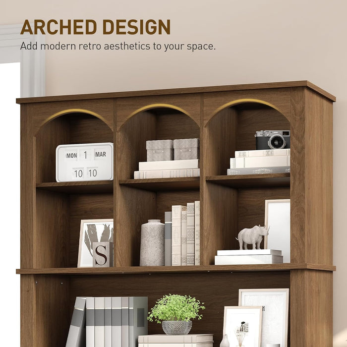 73.2" Tall Farmhouse Arched Bookshelf with Drawer and Door, 6 Tier