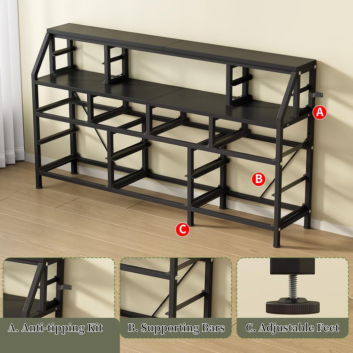 55" W Dresser for Bedroom with 14 Drawers, Chest of Drawers with Open Shelf, Fabric Storage Tower with Metal Frame & Wood Top, TV Stand Organizer for Clothes & Accessories (Black PU)