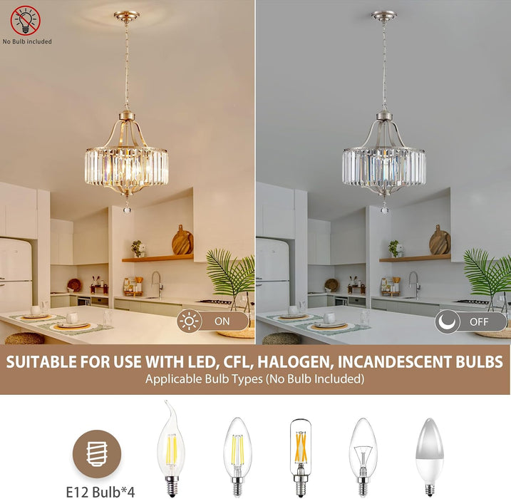 Modern Crystal Chandeliers round 4-Light Large Brushed Nickel Pendant Lighting Fixture for Dining Room Living Room Kitchen Island Bedroom Hallway Hall Foyer, 15.7"