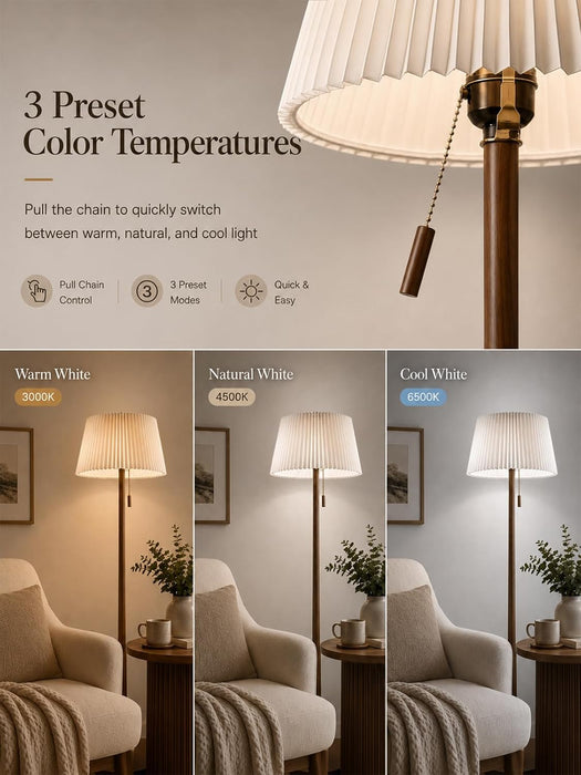 Mid Century Modern Real Wood Floor Lamp with Remote, 2 Shades