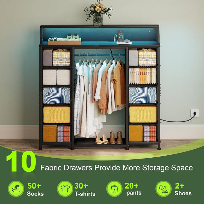 51" Dresser with Hanging Rack, 10 Drawers Closet Dresser