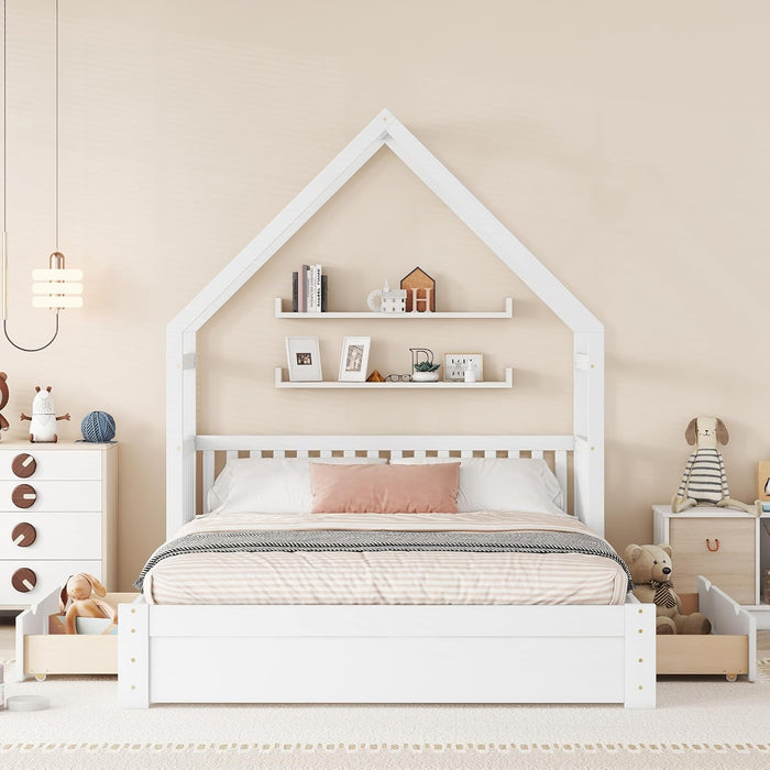 Queen Size Kids HouseBedFrame With UnderBedStorageDrawers
