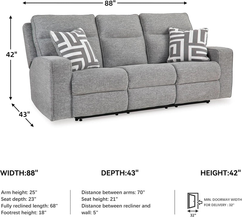 Biscoe Casual UV Resistant Power Reclining Sofa with Adjustable Headrest and USB Ports, Light Gray