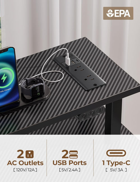 Computer Desk with Power Outlets & LED Light, 47 Inch Home Office Desk with 3 Drawers and Storage Shelves, Writing Desk with Monitor Stand, Modern Work Desk for Home Office, Carbon Black