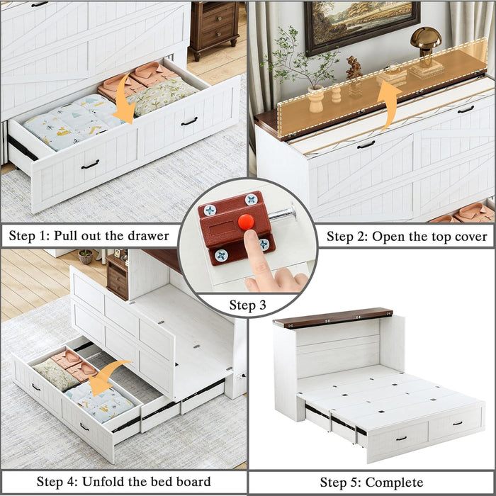 Queen Size Multi-Functional Murphy Cabinet Bed with Charging Station, Farmhouse Queen Size Bed Frame with Drawer, Hidden Folding Murphy Bed Chest for Bedroom, Rustic White