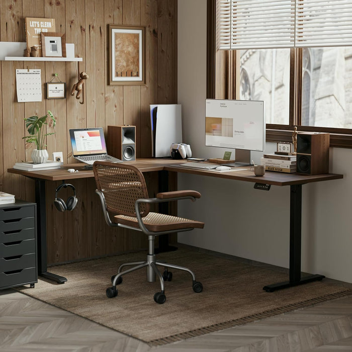 L Shaped Standing Desk Adjustable Height, Electric Corner Standing Desk, 63 X 55 Inch Sit Stand Computer Table with Splice Board, Dark Wlalnut