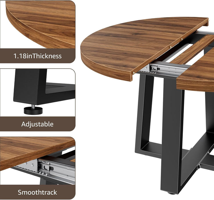 Extendable round Dining Table Wood Circle to Oval Kitchen Table for 4 to 6 People with Black Cross Metal Legs Modern Rustic Walnut Dinner Table Space Saving Furniture