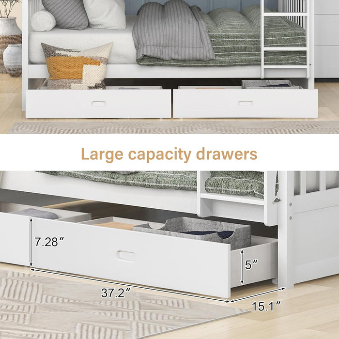 Wood Bunk Bed with Drawers,Convertible Bunk Bed with Ladders and Two Storage Drawers,Solid Wood Detachable Bed Frame with Ladders,Full over Full,White