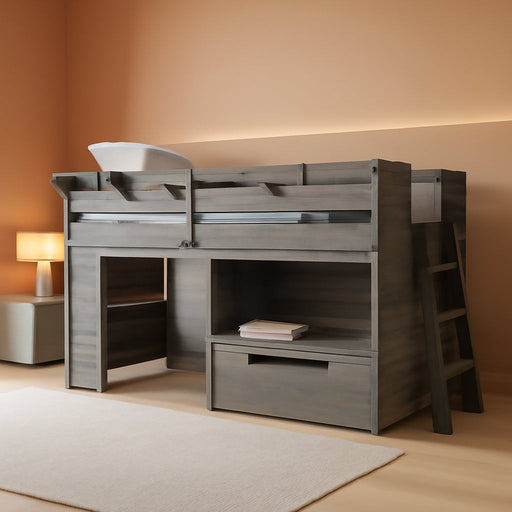 Loft Bed Twin Size, Solid Wood Low Loft Bed with Storage Drawer and Ladder, Modern Farmhouse Loft Bed for Kids, Driftwood