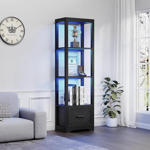 Display Shelf with 3 Color Light, Bookshelf with Drawer, Dimmable Display Cabinet for Collectibles, Bookcase, Display Case for Books, Trophies, Toys, Black