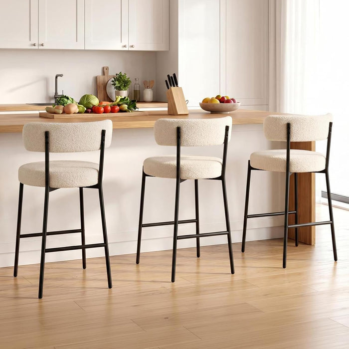 28'' Bar Stools Set of 3, Modern Boucle Counter Height Bar Stools with Ergonomic Curved Back, Upholstered Kitchen Stools, Barstools for Kitchen Island, Bar, Cafe, White