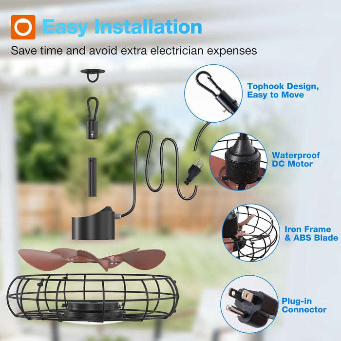 20 Inch Outdoor Ceiling Fan with Light for Patio, IP65 Waterproof Plug in Caged Hanging Fan, Remote Control, 3 CCT, 6 Speeds Reversible Outdoor Fan for Gazebo, Pergola, Porch