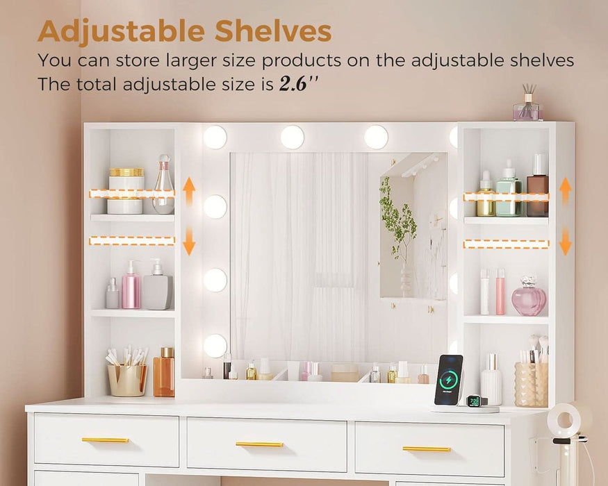 Makeup Vanity Desk with Mirror and Lights White Vanity Desk with Power Outlet 11 Drawers 9 Shelves 3 Color Lighting Modes Vanity for Bedroom Women UBDT86W