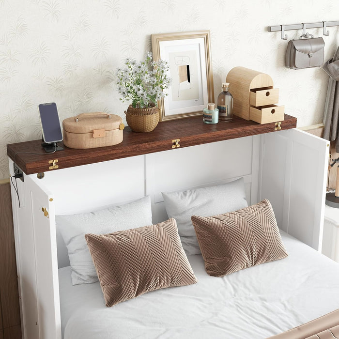 Full Size Murphy Bed W/Storage Drawer,Murphy Bed Cabinet W/ 2 USB Port & Power Outlets,Hidden Foldable Wall Bed Frame for Home Office,Apartment,Guest Room,White-Walnut