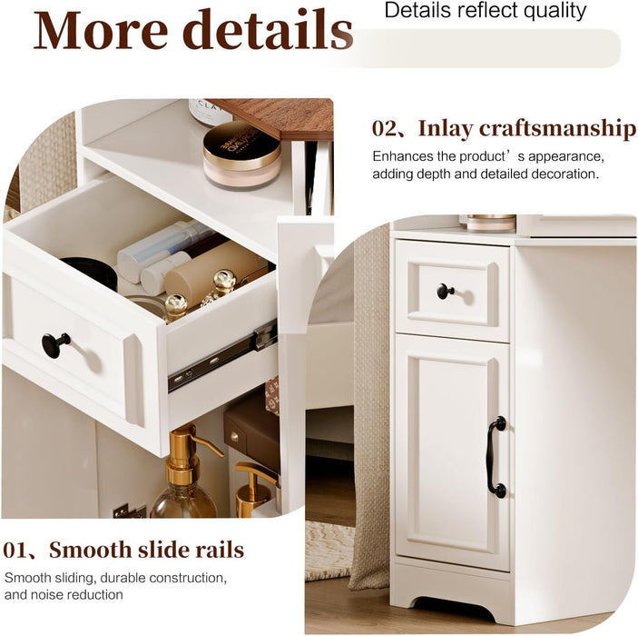 Corner Vanity Desk with Mirror and Lights,Makeup Vanities with Power Outlet and 6 Drawers, 3 Light Settings, Dimmable for Women Girls, Bedroom, White
