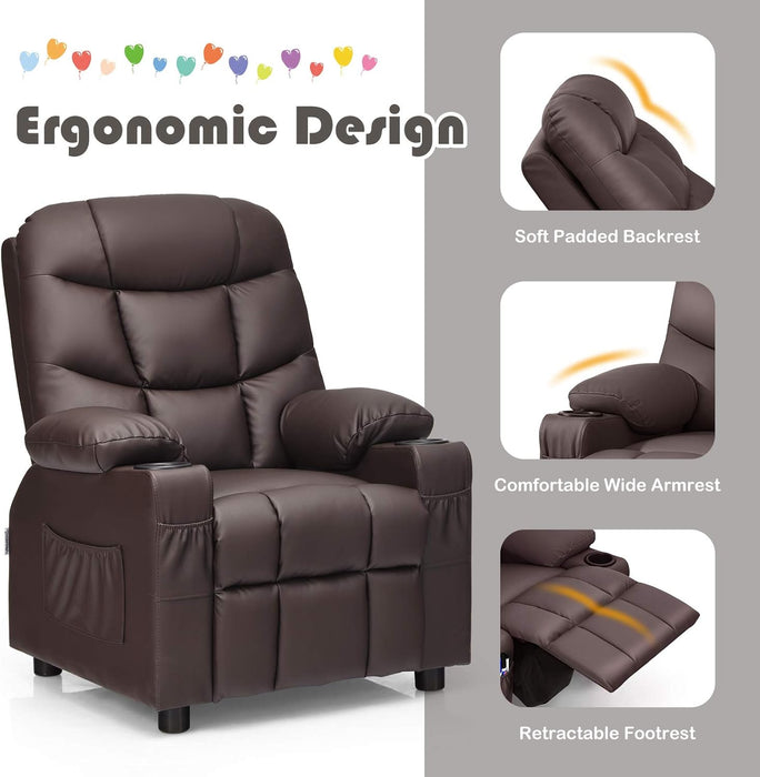 Kids Recliner Chair with Cup Holder, Adjustable Leather Lounge Chair W/Footrest & Side Pockets for Children Boys Girls Room, Ergonomic Toddler Furniture Sofa, Kids Recliner (Brown)