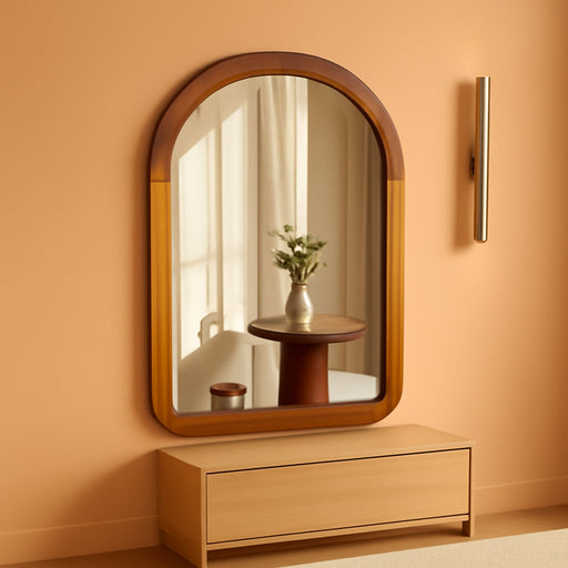 Arched Mirror 24 X 36 Inch,Brown Wood Rustic Bathroom Tempered Wall Mirror with Wood Frame,Round Corner Arch Farmhouse Wooden Vanity Mirror for Living Room,Entryway or Bedroom（Walnut Brown）