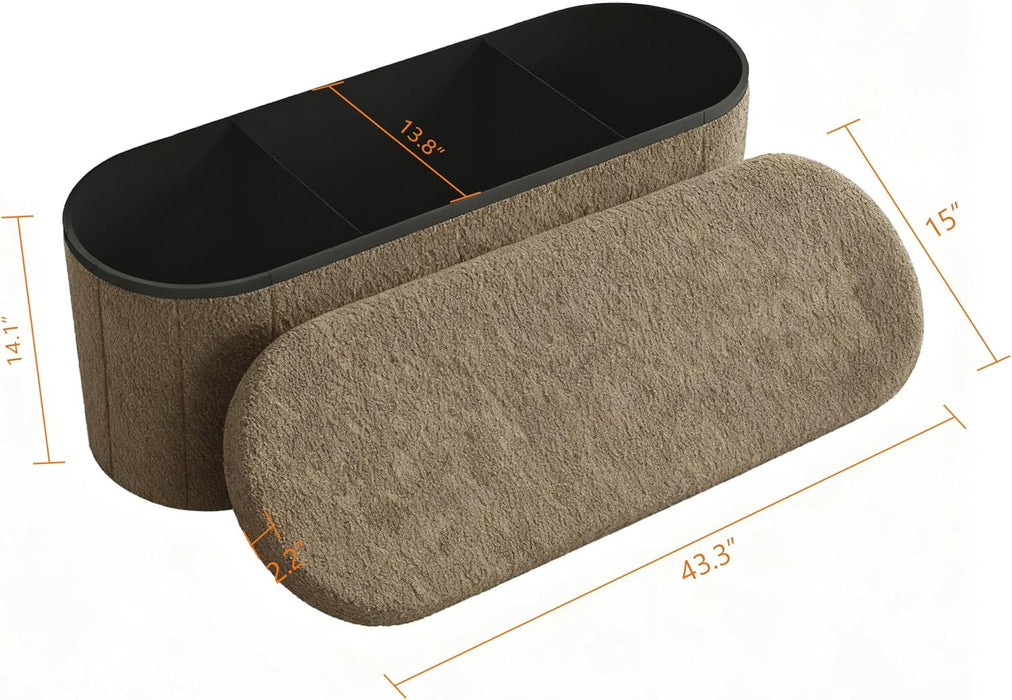 Oval Storage Ottoman Bench, Sherpa Foot Rest, 43 Inch Folding Ottoman for Living Room, Bedroom Storage Chest, Brown