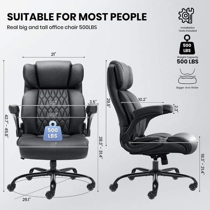 500Lbs Big and Tall Office Chair Adjustable Lumbar Support for Back Pain, Extra Wide Seat Executive Office Chair Thick Armrest Pad, Heavy Duty Base&Upgraded Wheels, Ergonomic Desk Chair
